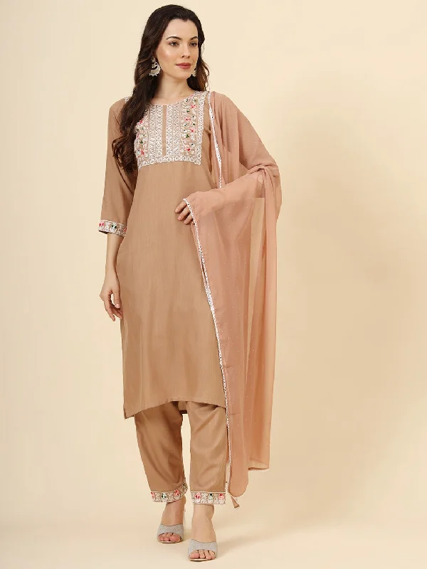 Peach Attractive Looking Readymade Pant Suit With Designer Embroidery Work Casual Sweatpants Style Peach Attractive Looking Readymade Pant Suit With Designer Embroidery Work Casual Sweatpants Style