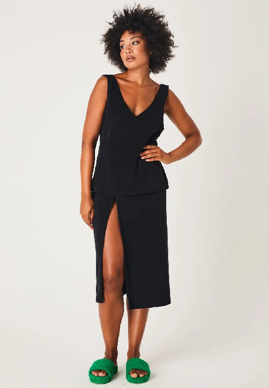 Terry Midi Snap Skirt Black asymmetrical skirt cut