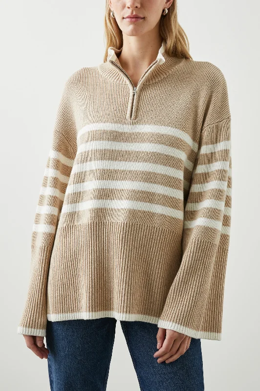TESSA SWEATER - SAND STRIPE Solid Print Embellished