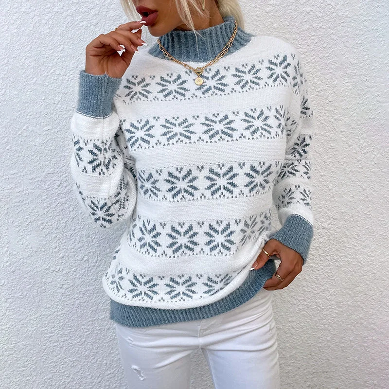 Festive Flair: Half High Neck Snowflake Sweater Blouse Spandex Blend Rayon Blend Denim Blend Festive Flair: Half High Neck Snowflake Sweater Blouse Spandex Blend Rayon Blend Denim Blend