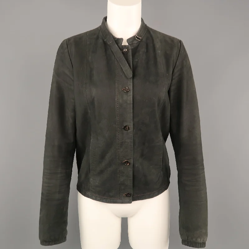 GOLDEN GOOSE Size M Gray Leather Tab Collar Jacket Nylon Fabric Polyester Fabric Spandex Fabric GOLDEN GOOSE Size M Gray Leather Tab Collar Jacket Nylon Fabric Polyester Fabric Spandex Fabric