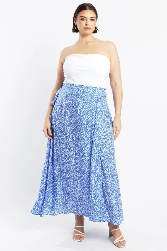 Blue Ditsy Wrap Maxi Skirt high waist skirt