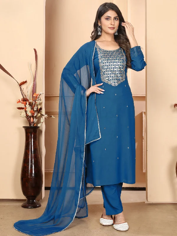 Blue Readymade Pant Suit With Designer Sequance Embroidery Work High-Waist Jeans
