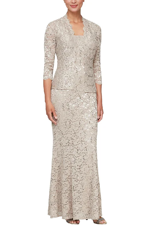 Long Fit and Flare Sequin Lace Dress with Scoop Neckline and Scallop Detail Open Jacket Zip Front Button Front Snap Front Long Fit and Flare Sequin Lace Dress with Scoop Neckline and Scallop Detail Open Jacket Zip Front Button Front Snap Front