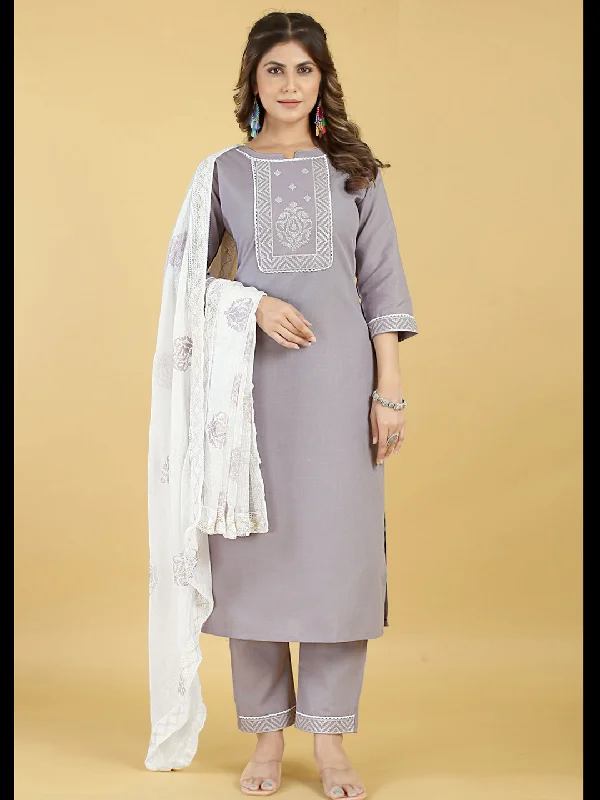 Grey Designer Readymade Pant Suit With Designer Embroidery Work Formal Stretch Pants