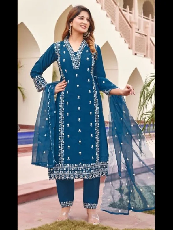 Teal Designer Function Wear Readymade Pant Suit With Embroidery Work Comfortable Jogging Pants Teal Designer Function Wear Readymade Pant Suit With Embroidery Work Comfortable Jogging Pants