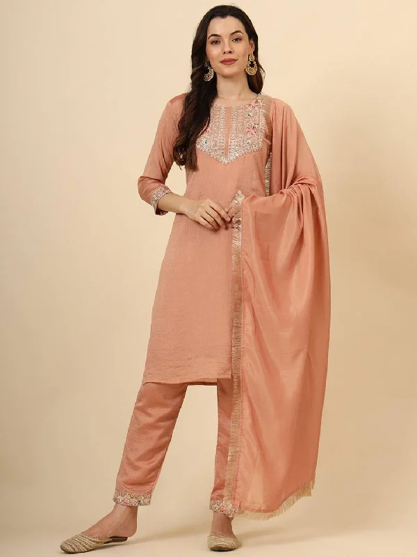 Peach Designer Readymade Pant Suit With Embroidery Work High-Waist Jogger Pants