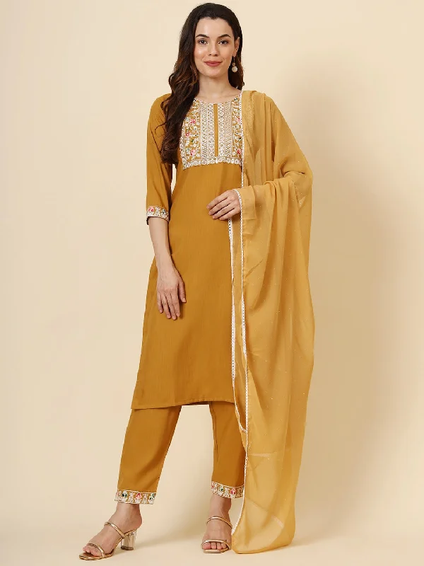 Mustard Attractive Looking Readymade Pant Suit With Designer Embroidery Work Soft Wool Pants Mustard Attractive Looking Readymade Pant Suit With Designer Embroidery Work Soft Wool Pants