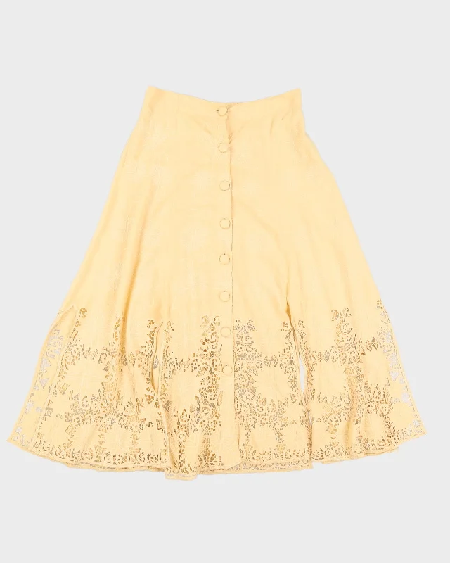 Vintage 90s Heliotrope Yellow Lace Button Down Midi Skirt - S/M chiffon skirt lightweight