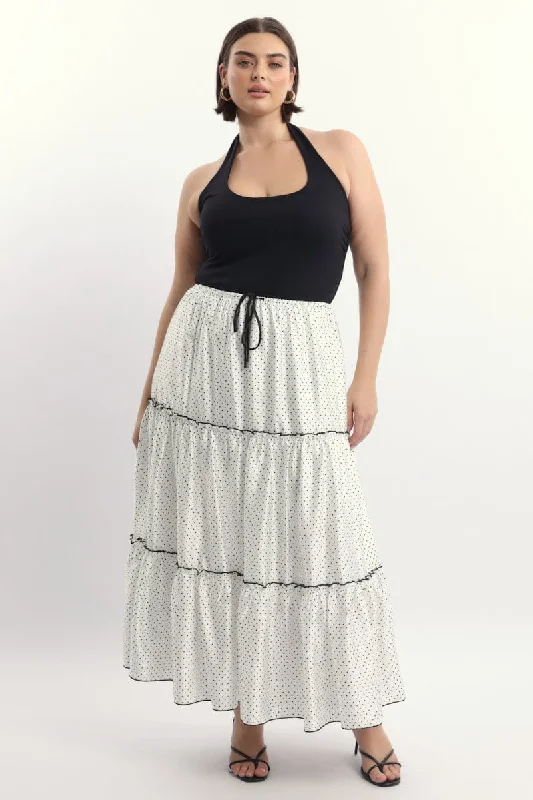 White Polka Dot Tier Contrast Tie Maxi Skirt low waist skirt