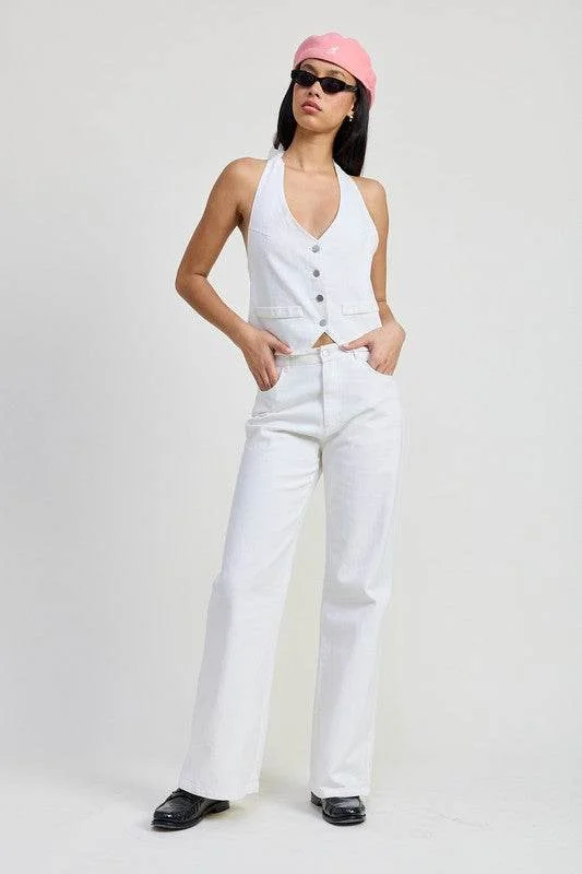 Folded Fitted Denim Pants Modern Stretch Trousers