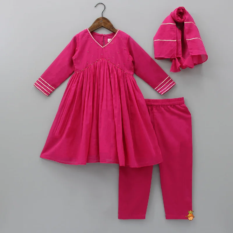 Pre Order: Beads Adorned Pink Kurti And Pant With Dupatta High-Waist Yoga Pants