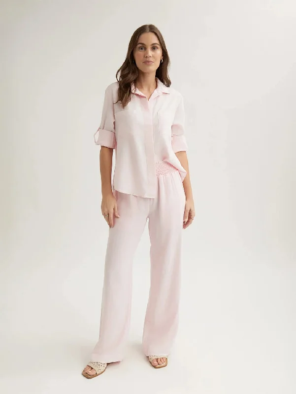Smocked Waist Wide Leg Pant - Petal Pink Relaxed Casual Leggings
