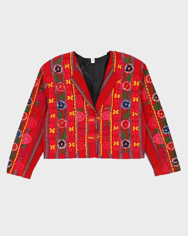 Guatemalan Red Embroidered Jacket - XL Stand-Up Collar Roll-Neck Collar Turtle Neck