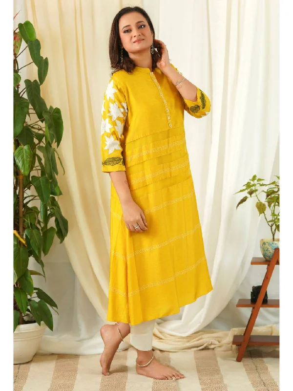 Yellow Silk A-line Kurta & White Cotton Pants Relaxed Casual Leggings