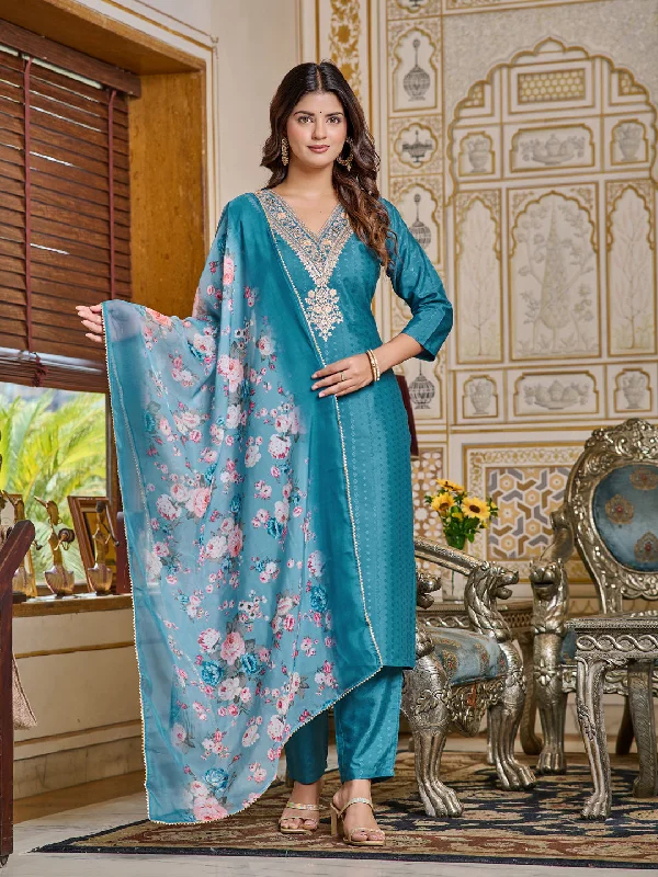 Blue Designer Readymade Chanderi Pant Suit With Printed Designer Embroidery Work Elegant Dress Pants Blue Designer Readymade Chanderi Pant Suit With Printed Designer Embroidery Work Elegant Dress Pants