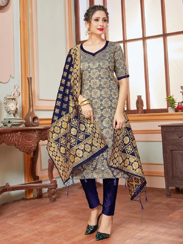 Grey Banarasi Silk Pant Suit With Wevon Design Elegant Trouser Pants