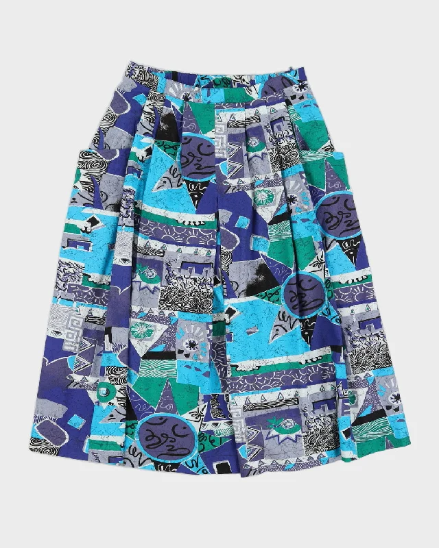 1990s Blue Patterned Midi Skirt - M denim skirt trendy