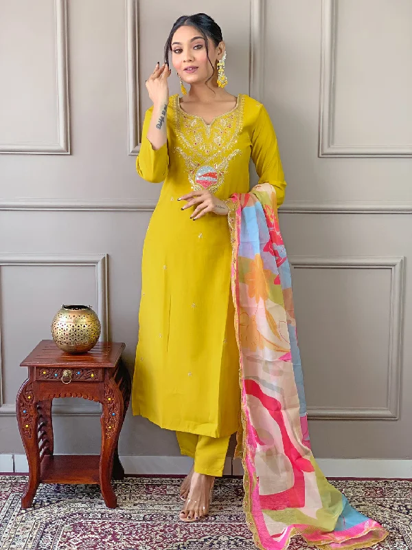 Yellow Designer Readymade Pant Suit With Embroidery Work Soft Stretch Pants