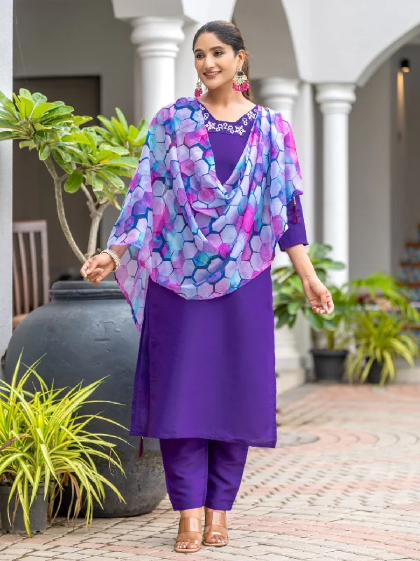 Purple Designer Readymade Pant Suit With Embroidery Printed Work Elegant Palazzo Trousers Purple Designer Readymade Pant Suit With Embroidery Printed Work Elegant Palazzo Trousers