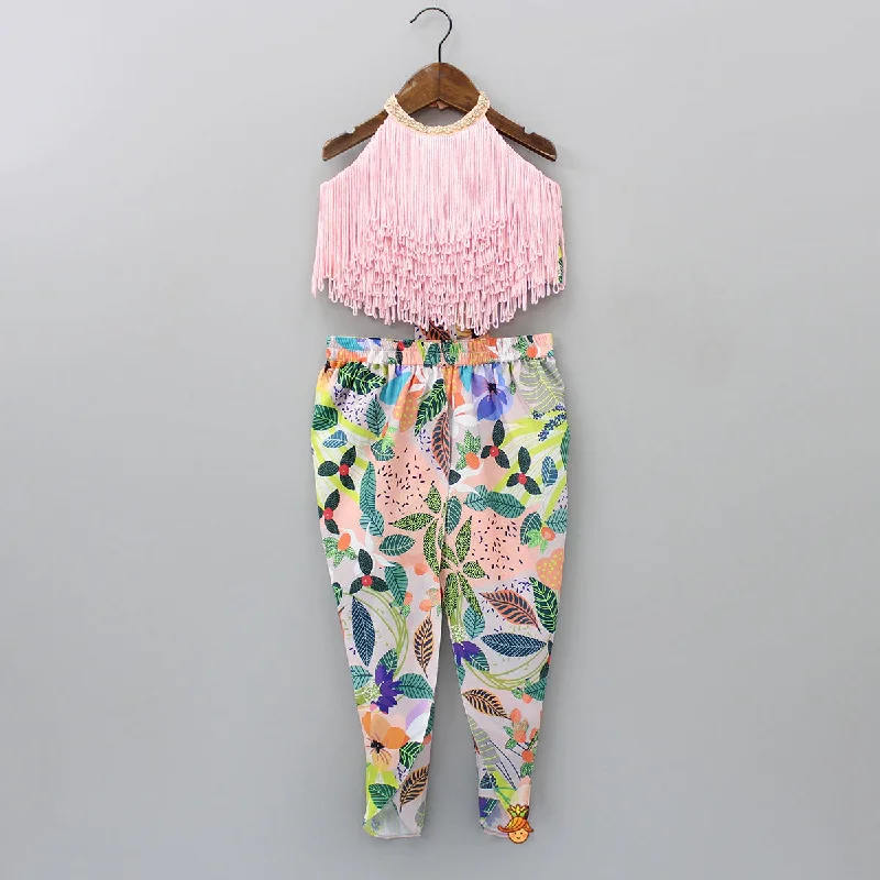 Halter Neck Open Back Peach Top And Printed Multicolour Dhoti Style Tulip Pant Stylish Casual Pants Halter Neck Open Back Peach Top And Printed Multicolour Dhoti Style Tulip Pant Stylish Casual Pants