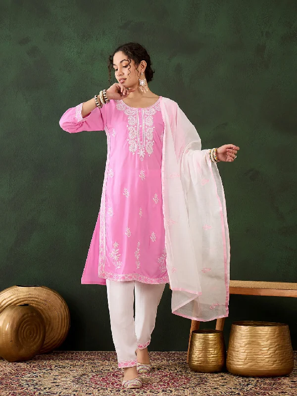 Pink Attractive Looking Pant Suit With Designer Chikankari Embroidery Work Warm Wool Trousers Pink Attractive Looking Pant Suit With Designer Chikankari Embroidery Work Warm Wool Trousers
