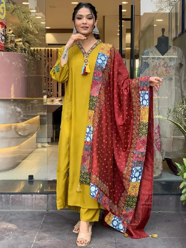 Mustard Attractive Readymade Pant Suit With Printed Embroidery Work Casual Plaid Pants Mustard Attractive Readymade Pant Suit With Printed Embroidery Work Casual Plaid Pants