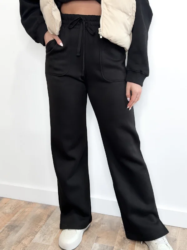 Curvy French Terry Straight Leg Pants- Black Relaxed Lounge Trousers