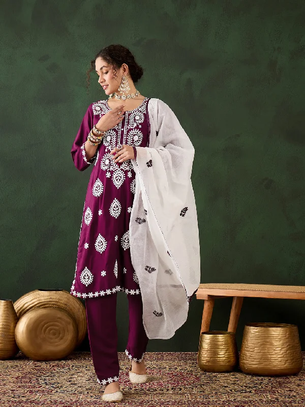 Magenta Designer Readymade Pant Suit With Chikankari Embroidery Work Cozy Knit Pants Magenta Designer Readymade Pant Suit With Chikankari Embroidery Work Cozy Knit Pants