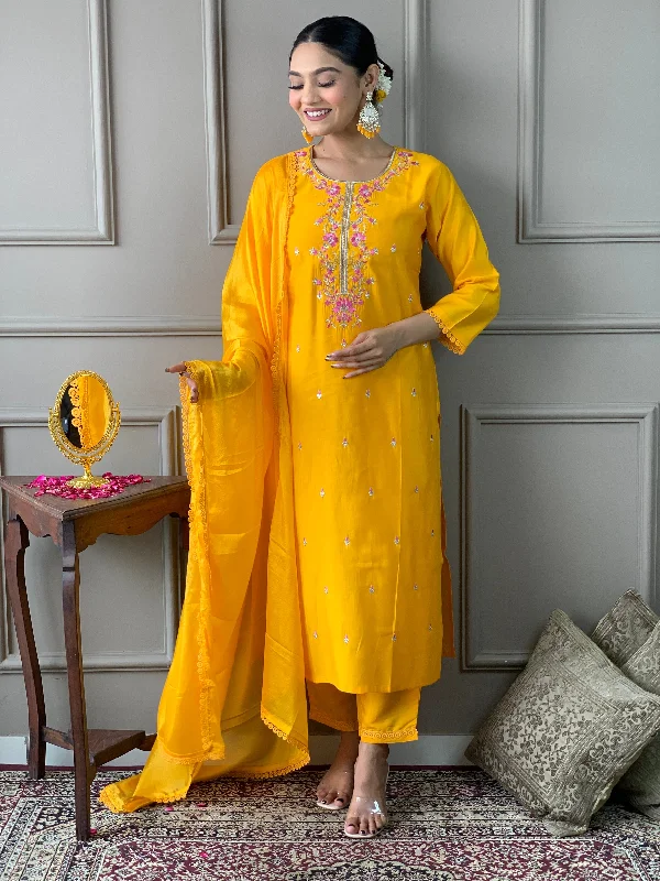 Yellow Attractive Looking Redaymade Pant Suit With Designer Embroidery Work Comfortable Pleated Pants Yellow Attractive Looking Redaymade Pant Suit With Designer Embroidery Work Comfortable Pleated Pants
