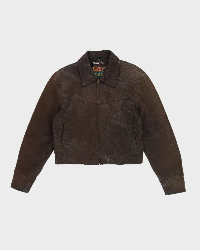 Danier Brown Leather Cropped Jacket - M Zippered Front Buttoned Front Snap Front