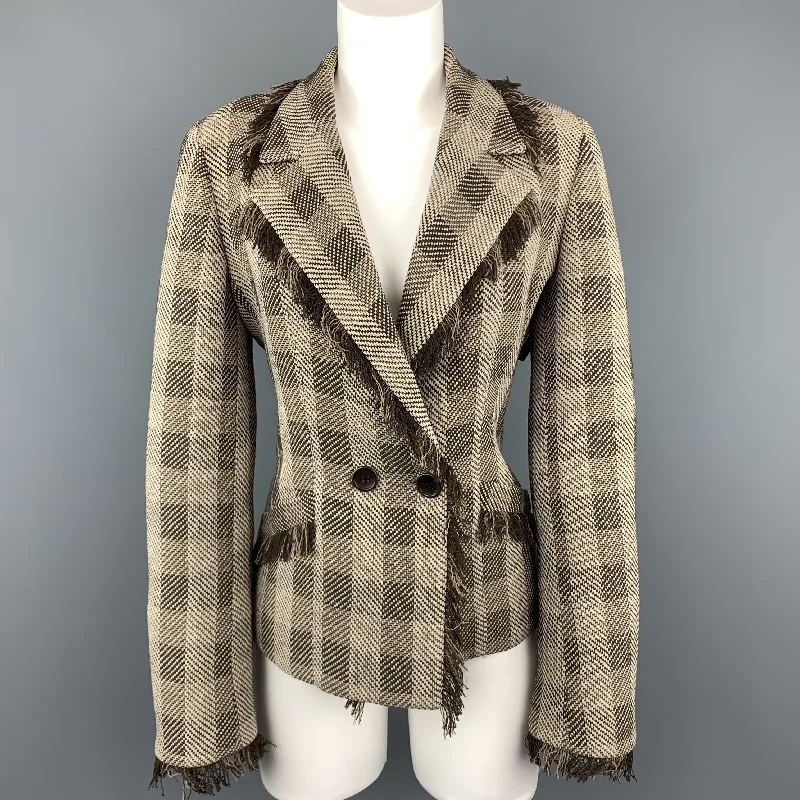 ARMANI COLLEZIONI Size 8 Taupe & Brown Plaid Fringe Trim Jacket Print Jacket Jacquard Jacket Patchwork Jacket ARMANI COLLEZIONI Size 8 Taupe & Brown Plaid Fringe Trim Jacket Print Jacket Jacquard Jacket Patchwork Jacket