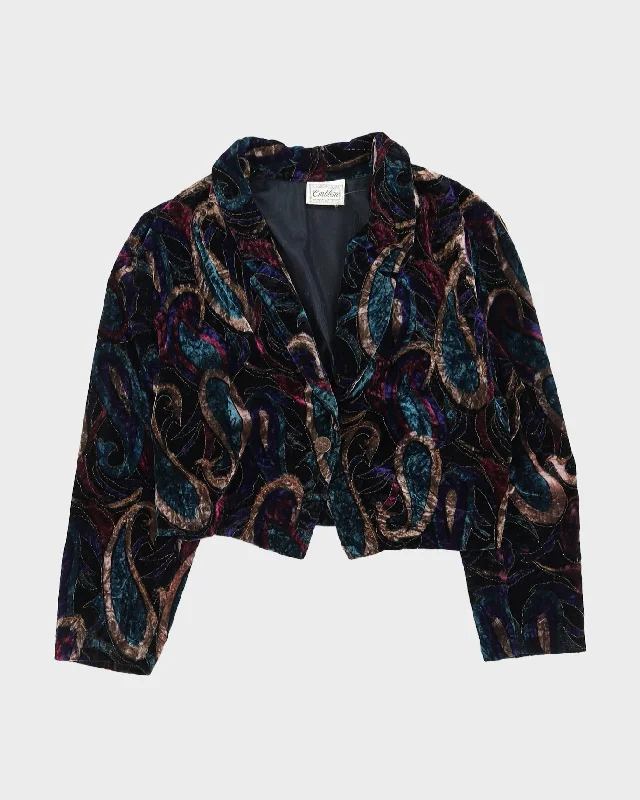 Blue Patterned Velvet Blazer Jacket - L Hoodie Zip-Up Jacket Button-Up Jacket