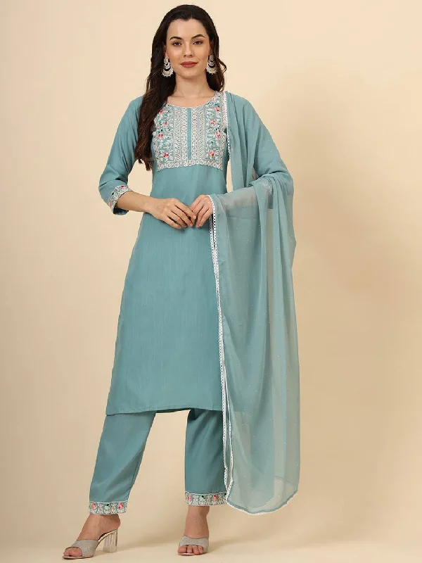 Aqua Blue Trendy Designer Readymade Pant Suit With Embroidery Work Slim-Fit Khaki Pants Aqua Blue Trendy Designer Readymade Pant Suit With Embroidery Work Slim-Fit Khaki Pants