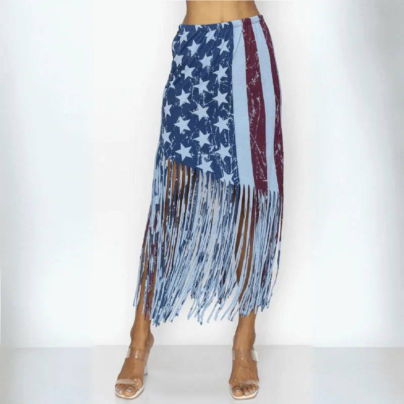 American Flag Graphic Fringe Skirt Made in USA wool skirt breathable