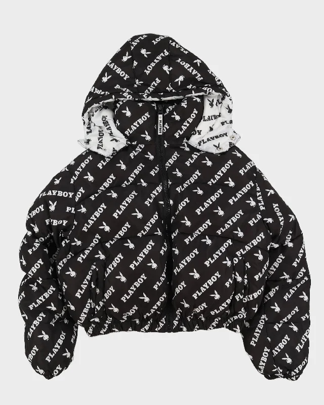 Playboy Black Puffer Jacket - M Rayon Fabric Velvet Fabric Corduroy Fabric