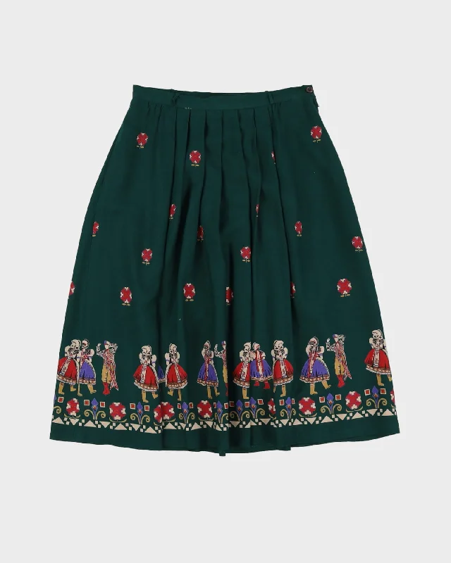 Vintage Green Patterned Midi Skirt - S button skirt front