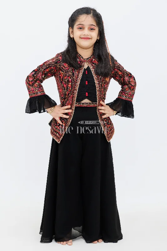 Black Georgette Embroidered Jacket and Palazzo Set for Girls with Paisley Motifs Satin Fabric Silk Fabric Chiffon Fabric Black Georgette Embroidered Jacket and Palazzo Set for Girls with Paisley Motifs Satin Fabric Silk Fabric Chiffon Fabric