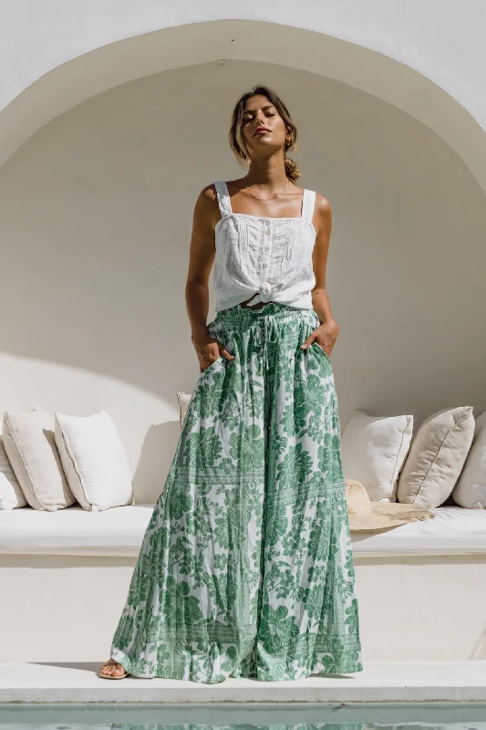 Viridiana Green Floral Wide Leg Pants Comfortable Cargo Pants