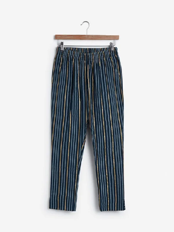 Utsa Indigo Striped Cropped Ethnic Pants Classic Stretch Pants