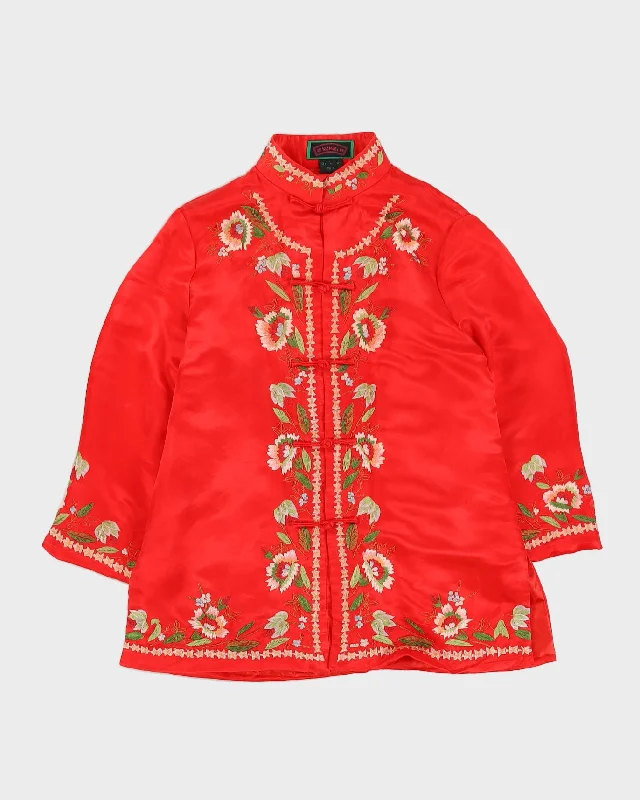 Red Embroidered Silk Jacket - M Fleece Fabric Down Fabric Feather Fabric