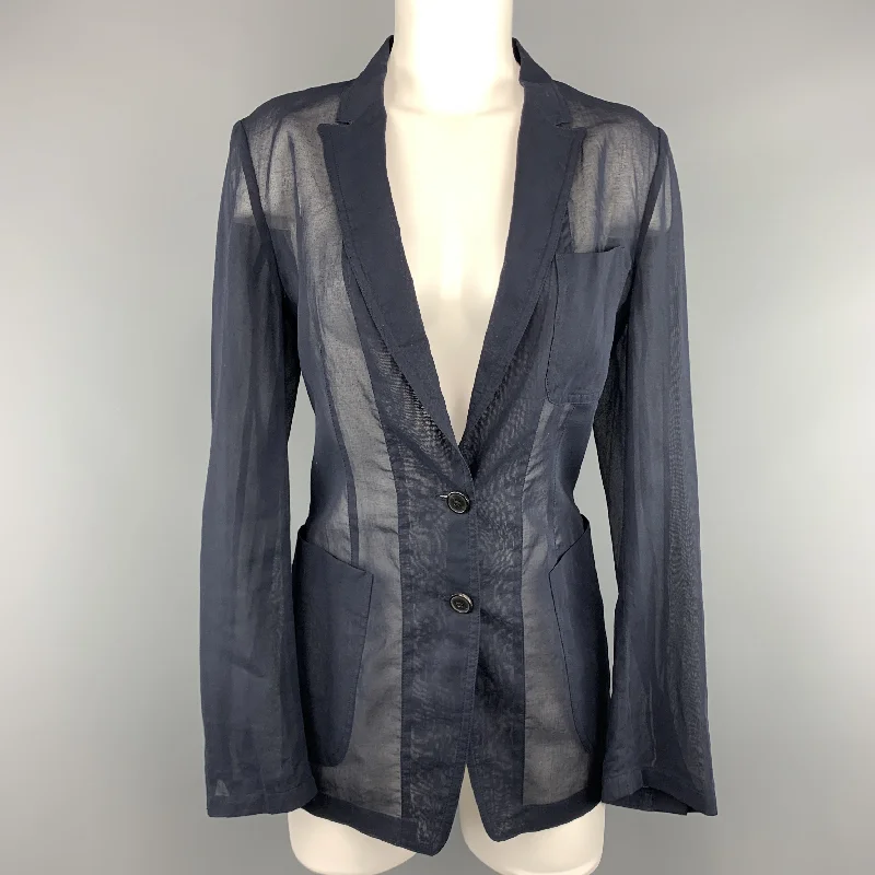 DRIES VAN NOTEN Size 6 Navy Blue Sheer Cotton Jacket / Blazer Striped Jacket Polka Dot Jacket Floral Jacket