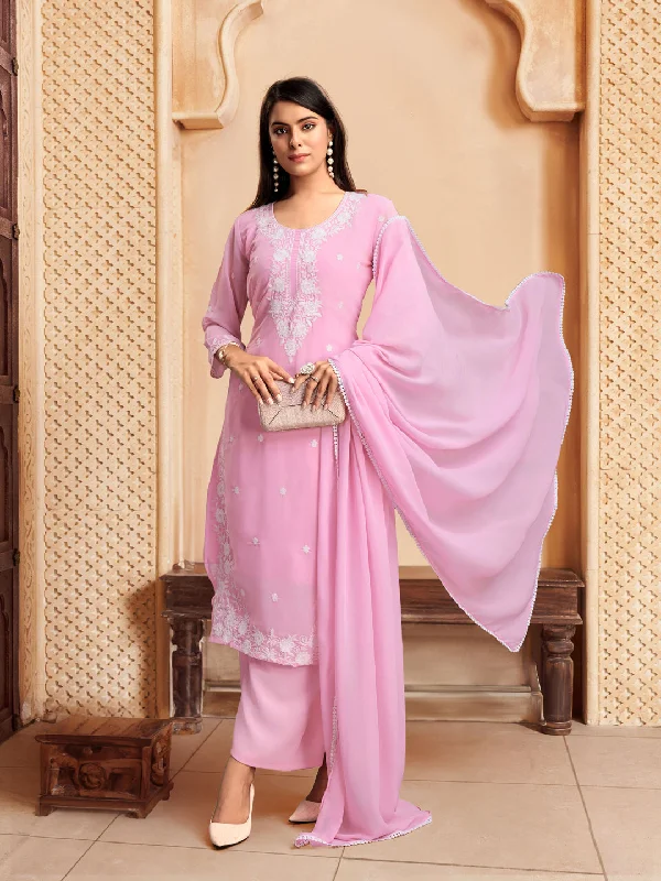 Pink Designer Readymade Pant Suit With Lacknowi Chikankari Embroidery Work Fashionable Track Pants Pink Designer Readymade Pant Suit With Lacknowi Chikankari Embroidery Work Fashionable Track Pants