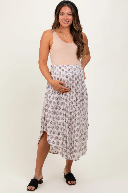 Grey Damask Print Smocked Waistband Maternity Midi Skirt denim skirt classic