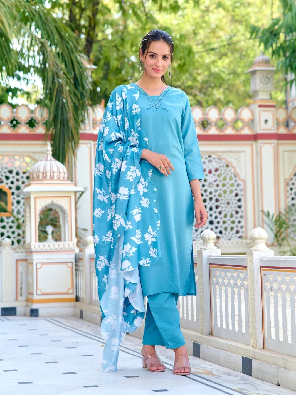Sky Blue Designer Printed Pant Suit With Embroidery Work Sleek Black Pants
