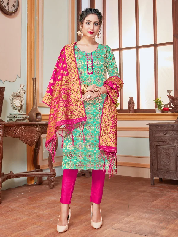 Teal Banarasi Silk Pant Suit With Wevon Design Slim-Fit Leggings