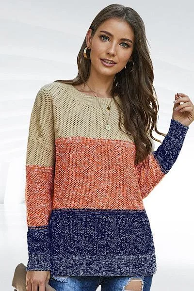 Fall Color Block Sweater - Blue High Neck Crew Neck V-Neck