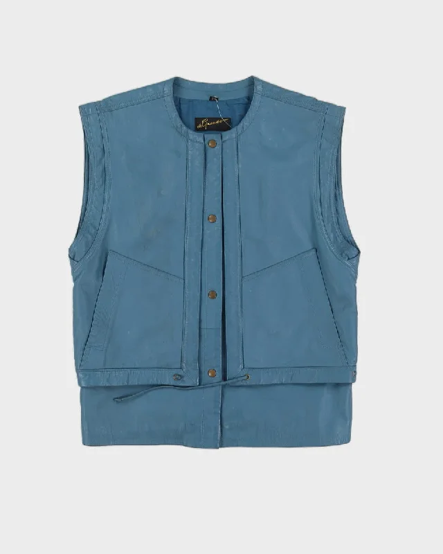 Blue Leather Sleeveless Jacket - M Appliqued Jacket Beaded Jacket Sequined Jacket