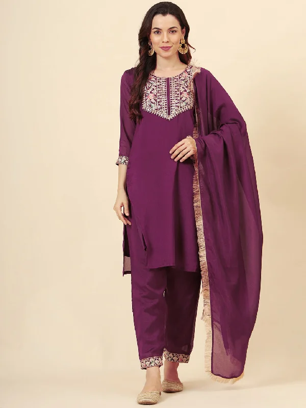 Wine Designer Looking Readymade Pant Suit With Embroidery Work Trendy Work Pants