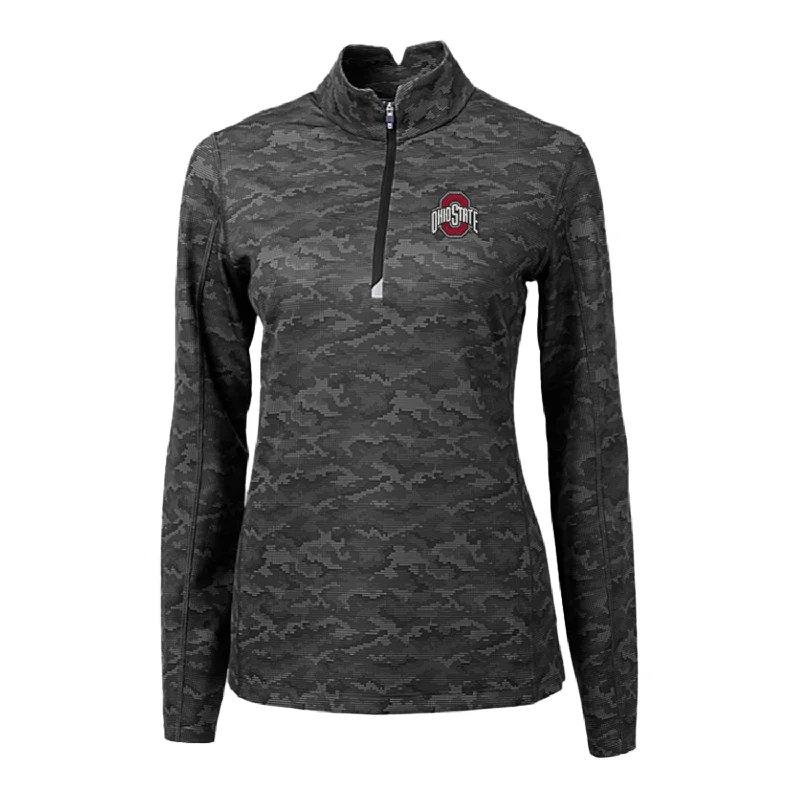 Ladies Ohio State Buckeyes Cutter & Buck Traverse Stretch Black Camo 1/4 Zip Jacket Front Pockets Side Pockets Patch Pockets
